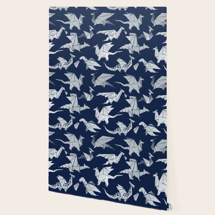 Origami metallic dragon friends // oxford navy blue background metal silver fantasy animals Wallpaper Gallery Image 2