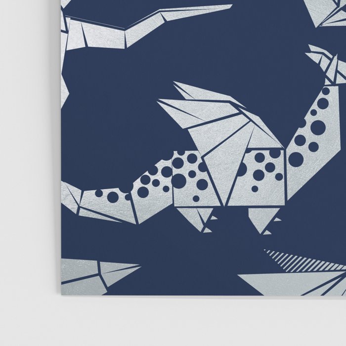 Origami metallic dragon friends // oxford navy blue background metal silver fantasy animals Poster Gallery Image 3