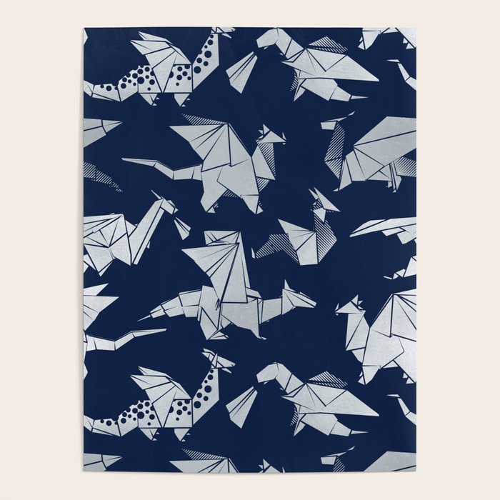 Origami metallic dragon friends // oxford navy blue background metal silver fantasy animals Poster Gallery Image 4