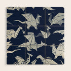 Origami metallic dragon friends // oxford navy blue background metal silver fantasy animals Wood Wall Art Gallery Image 1