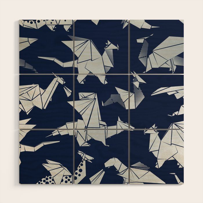 Origami metallic dragon friends // oxford navy blue background metal silver fantasy animals Wood Wall Art Gallery Image 1