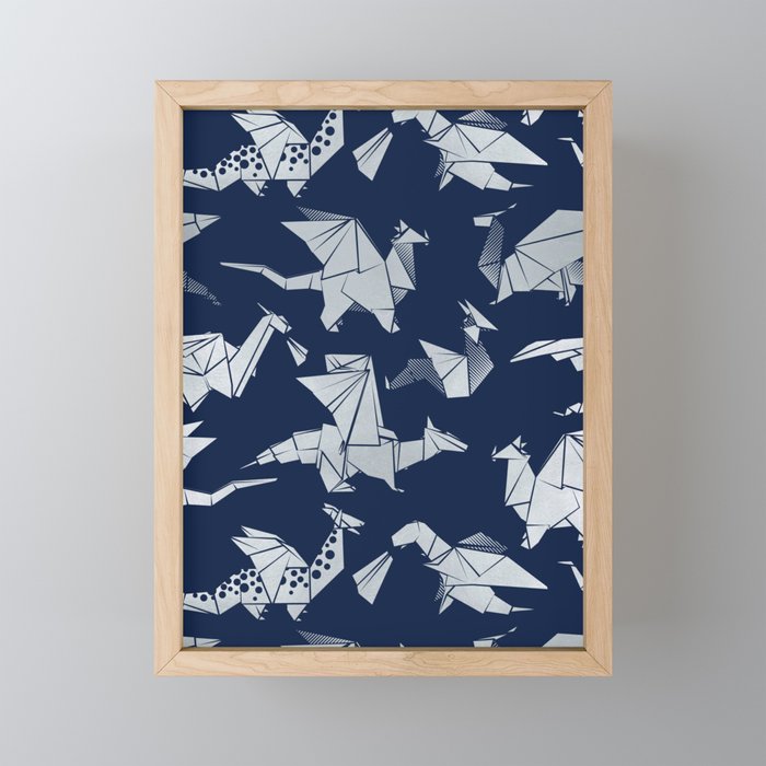 Origami metallic dragon friends // oxford navy blue background metal silver fantasy animals Mini Art Print Gallery Image 1