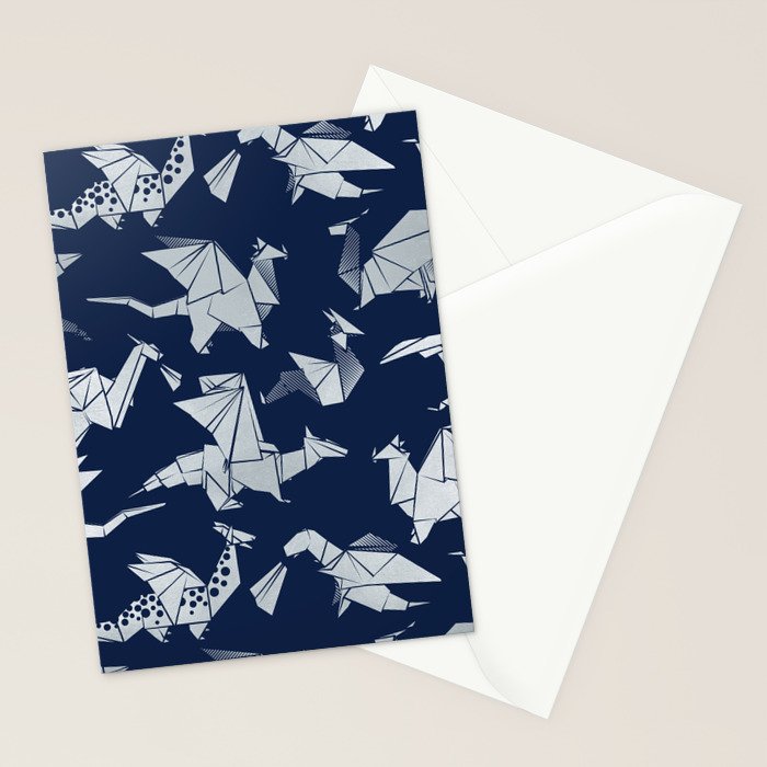 Origami metallic dragon friends // oxford navy blue background metal silver fantasy animals Stationery Card Gallery Image 2