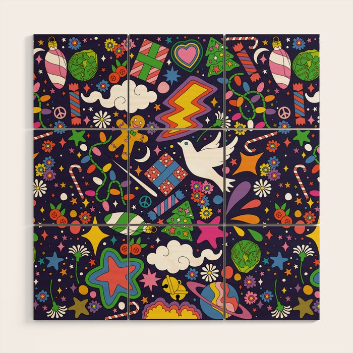 60s 70s psychedelic Modern Christmas Confetti Pattern Wood Wall Art Gallery Image 1