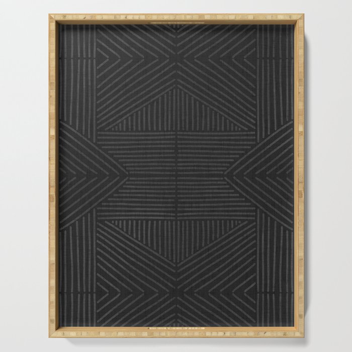 Charcoal grey line work on textured cloth - abstract geometric pattern Serving Tray Gallery Image 1
