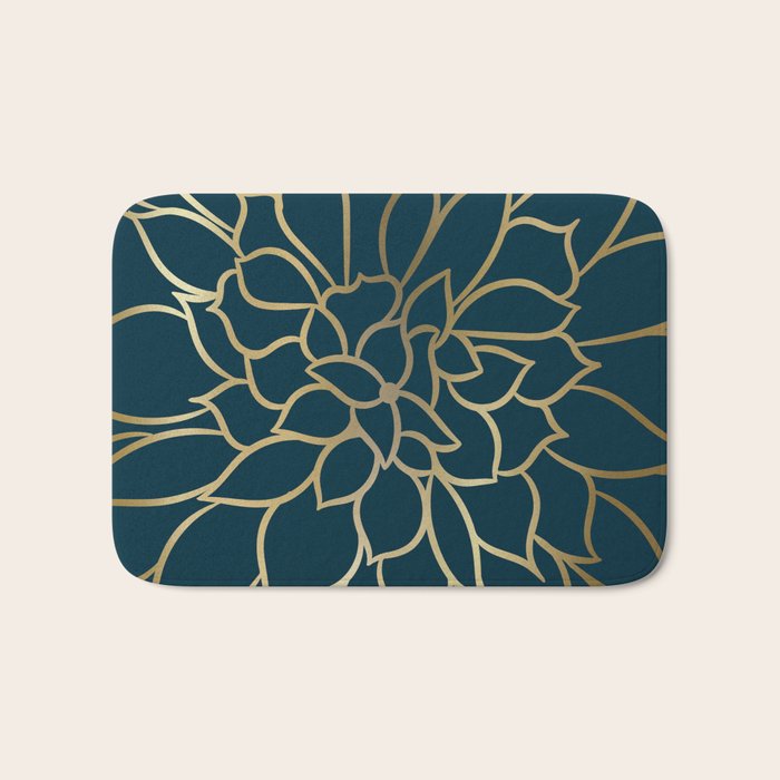 Festive, Floral Prints, Line Art, Dark Teal and Gold Bath Mat Gallery Image 1