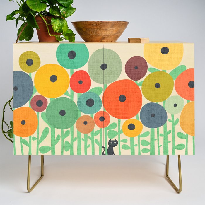 Cat in flower garden Credenza Gallery Image 1