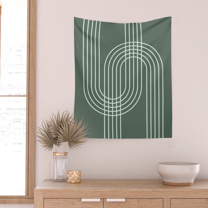 Geometric Lines in Forest Green Wall Tapestry Gallery Image 2
