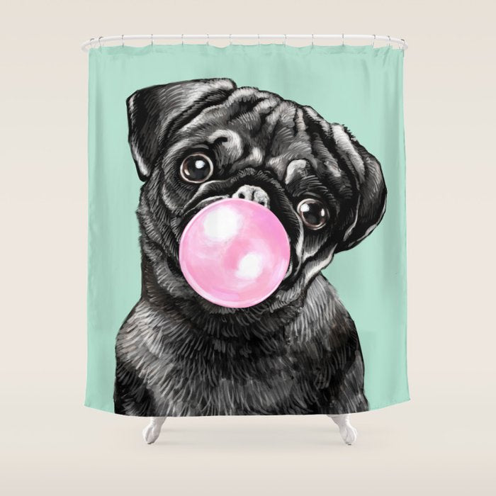 Bubble Gum Black Pug in Green Shower Curtain Gallery Image 1