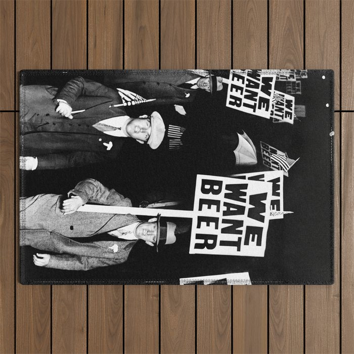 We Want Beer, Black and White, Vintage Prohibition Art Outdoor Rug Gallery Image 1