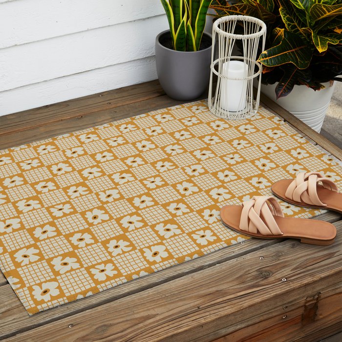 Vintage floral checkered box pattern  Outdoor Rug Gallery Image 2