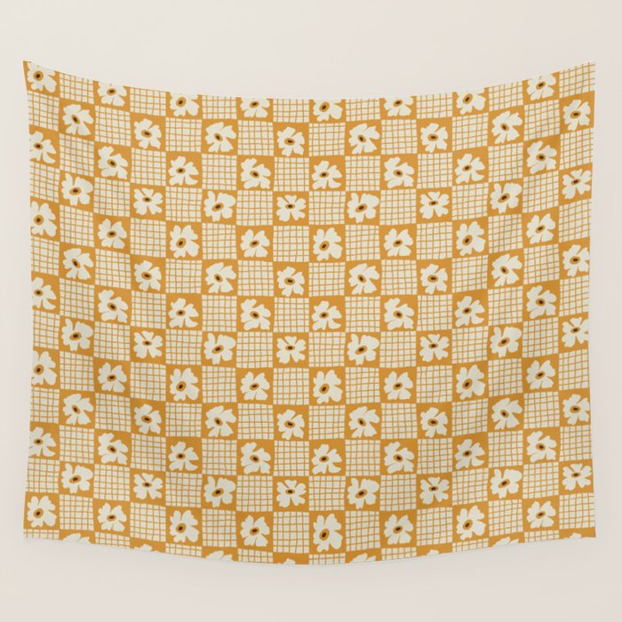 Vintage floral checkered box pattern  Wall Tapestry Gallery Image 1