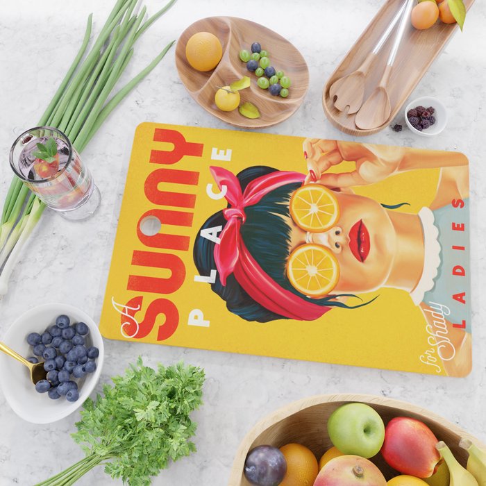 "A Sunny Place For Shady Ladies" Cool, Retro Pinup Girl With Orange Shades Cutting Board Gallery Image 2