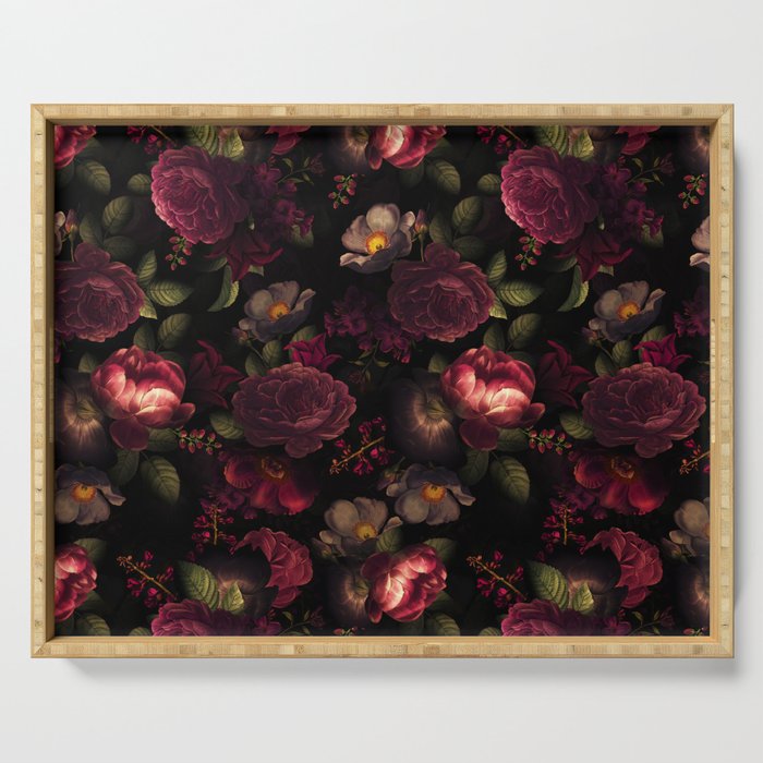 Midnight Vintage Shiny Botanical Rose Garden Serving Tray Gallery Image 1