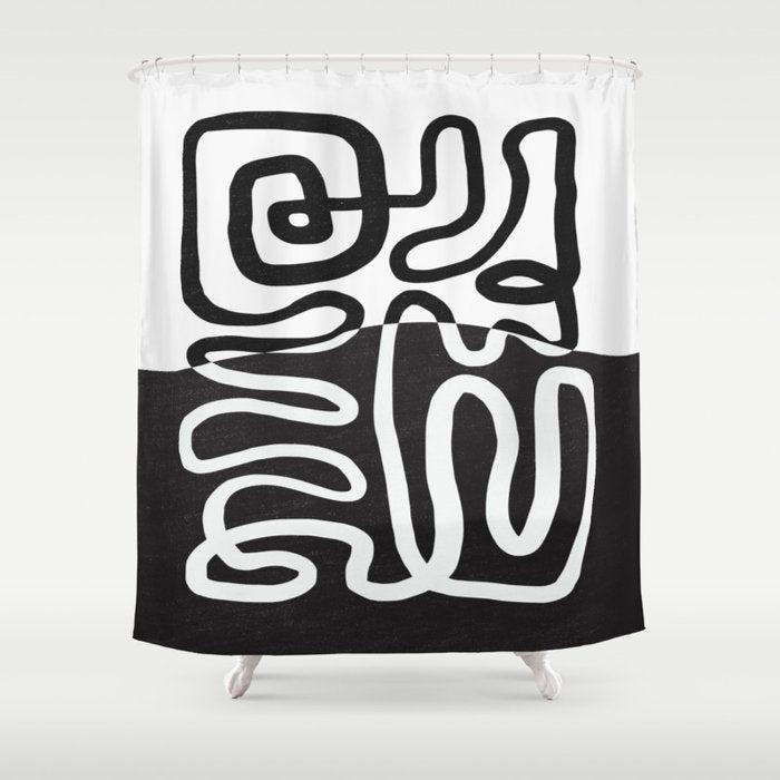 ABSTRACTION 01 | Black and White Abstract Series Shower Curtain Gallery Image 1