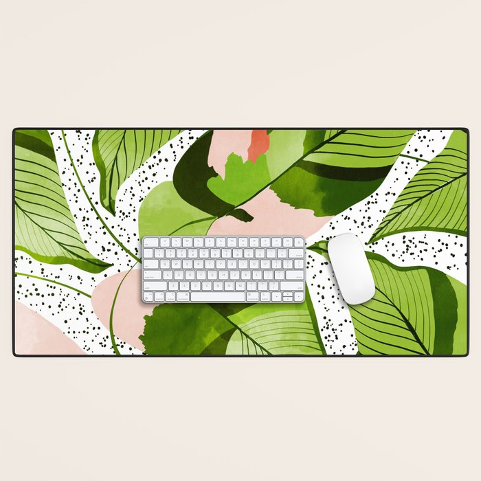 Blushing Leaves Watercolor Painting, Colorful Botanical Illustration, Tropical Modern Bohemian Desk Mat Gallery Image 1