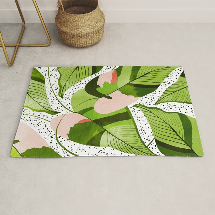 Blushing Leaves Watercolor Painting, Colorful Botanical Illustration, Tropical Modern Bohemian Rug Gallery Image 1