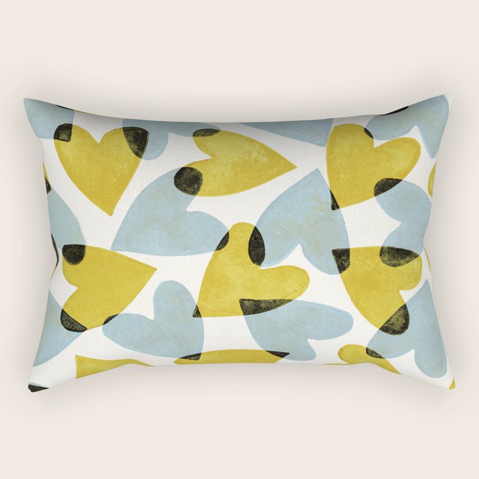 Linocut Hearts / Blue & Yellow Rectangular Pillow Gallery Image 2