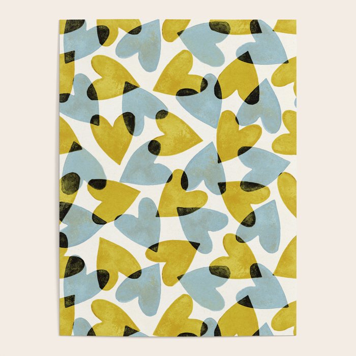 Linocut Hearts / Blue & Yellow Poster Gallery Image 1