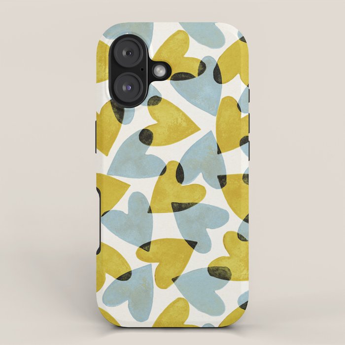 Linocut Hearts / Blue & Yellow iPhone Case Gallery Image 1
