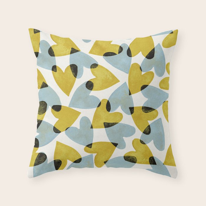 Linocut Hearts / Blue & Yellow Throw Pillow Gallery Image 1