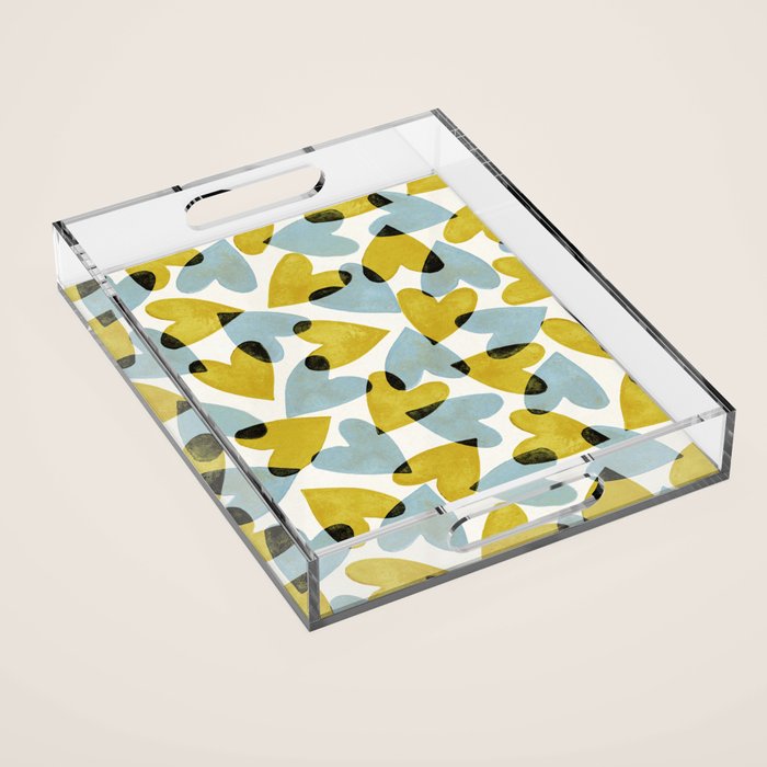Linocut Hearts / Blue & Yellow Acrylic Tray Gallery Image 1