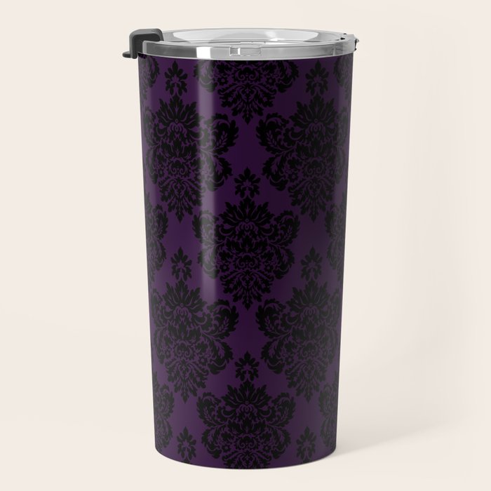 Black Damask Pattern 2- Aubergine Purple Travel Mug Gallery Image 3