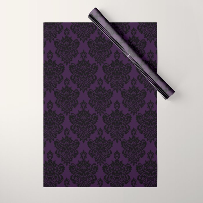 Black Damask Pattern 2- Aubergine Purple Wrapping Paper Gallery Image 1