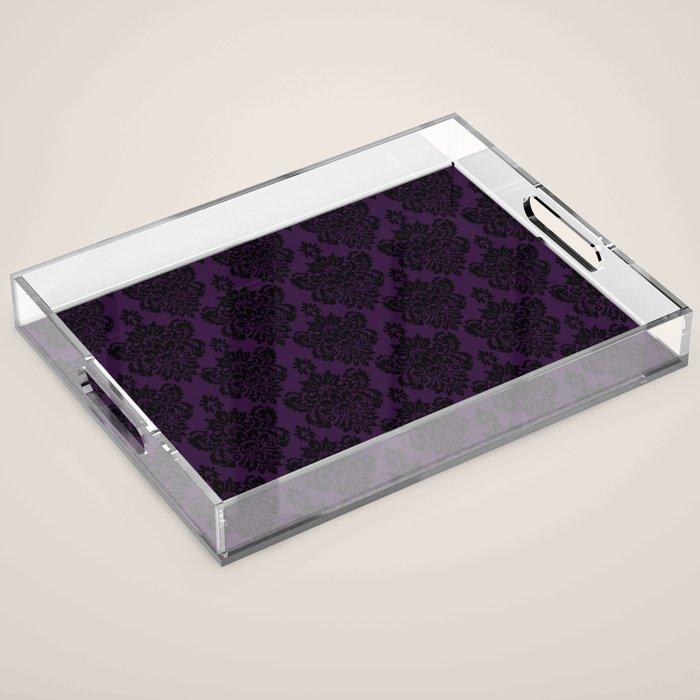 Black Damask Pattern 2- Aubergine Purple Acrylic Tray Gallery Image 1