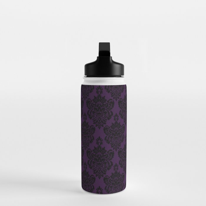 Black Damask Pattern 2- Aubergine Purple Water Bottle Gallery Image 3