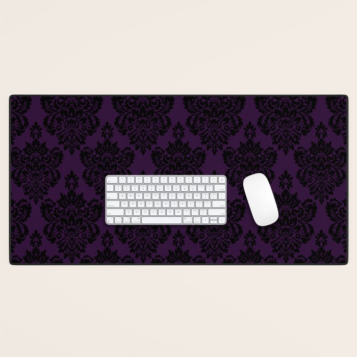 Black Damask Pattern 2- Aubergine Purple Desk Mat Gallery Image 1