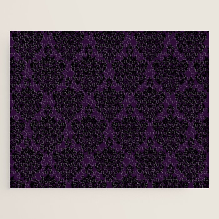 Black Damask Pattern 2- Aubergine Purple Jigsaw Puzzle Gallery Image 1