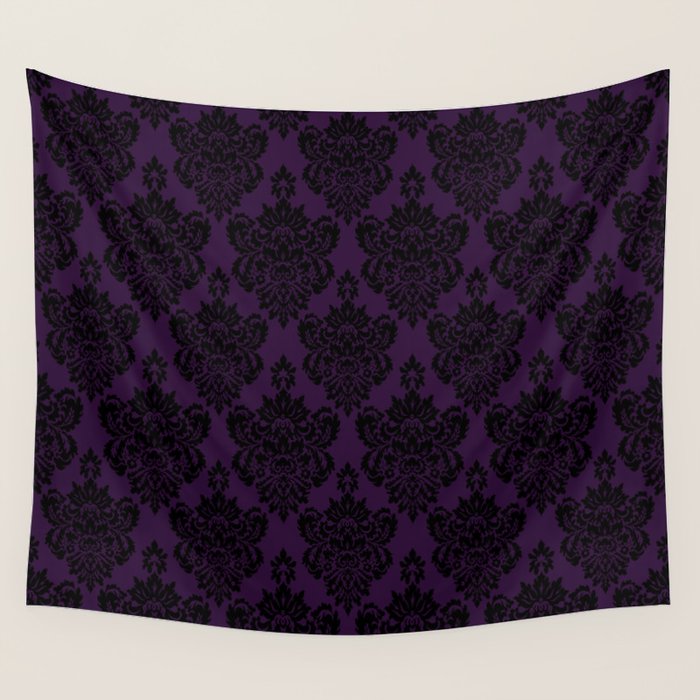 Black Damask Pattern 2- Aubergine Purple Wall Tapestry Gallery Image 4