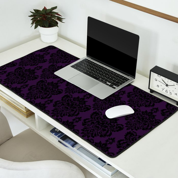 Black Damask Pattern 2- Aubergine Purple Desk Mat Gallery Image 2