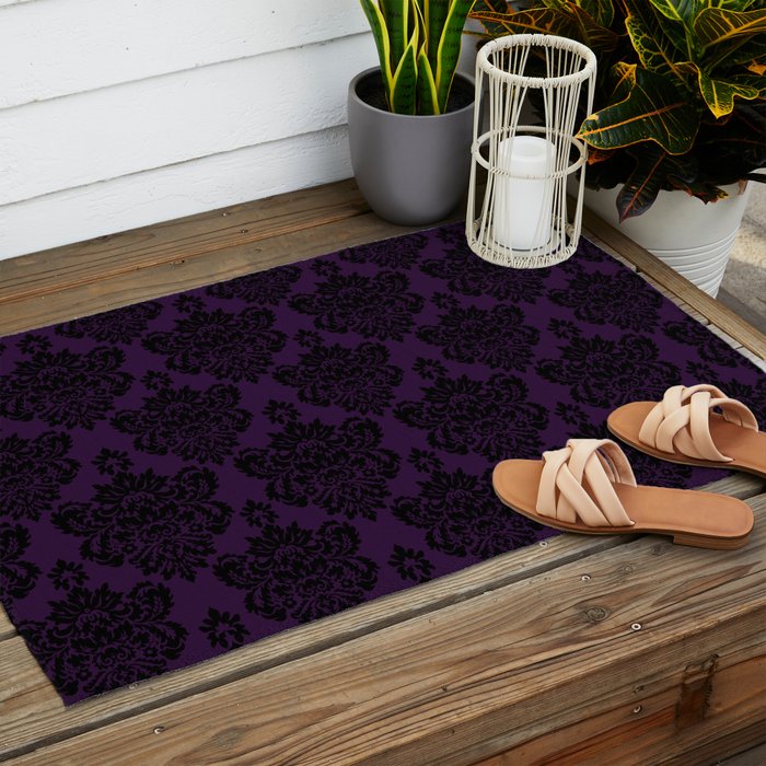 Black Damask Pattern 2- Aubergine Purple Outdoor Rug Gallery Image 2
