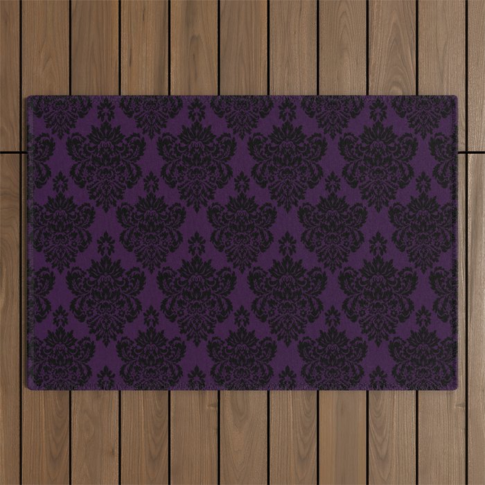 Black Damask Pattern 2- Aubergine Purple Outdoor Rug Gallery Image 1
