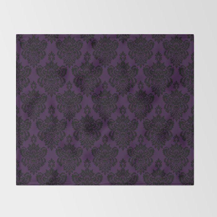 Black Damask Pattern 2- Aubergine Purple Throw Blanket Gallery Image 2