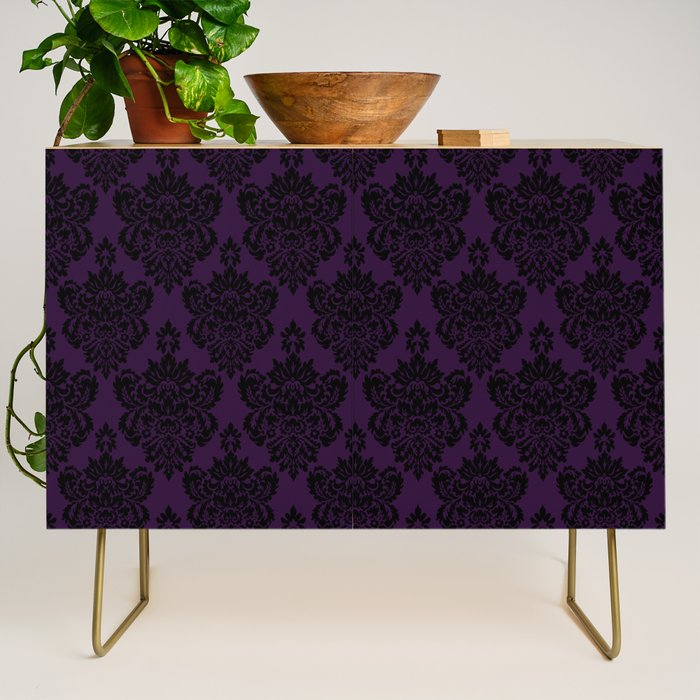 Black Damask Pattern 2- Aubergine Purple Credenza Gallery Image 1