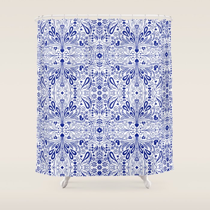 Chinoiserie Scandinavian Folk Art Shower Curtain Gallery Image 1
