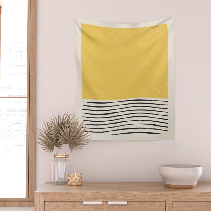 Yellow Sunset Mid Century Modern Minimalist Rothko Inspired Color Field With Lines Geometric Style Wall Tapestry Gallery Image 2