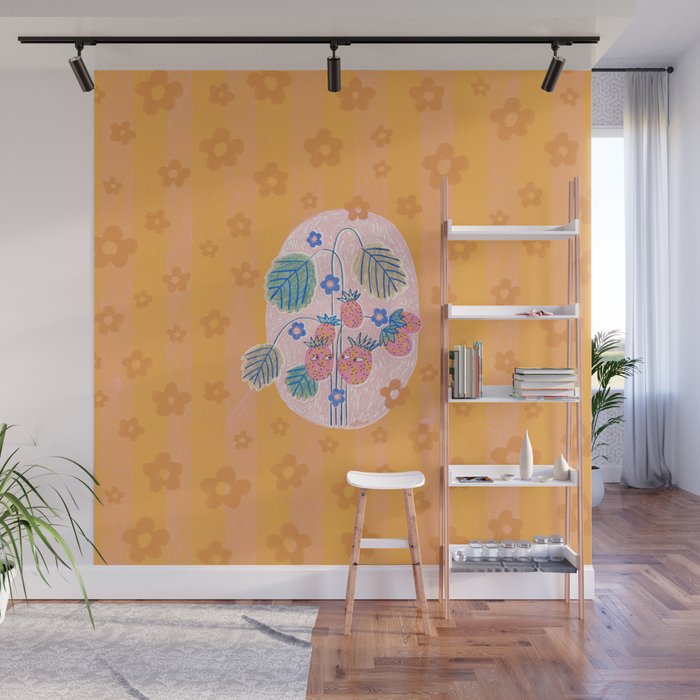 Sweet Strawberry Plant Friends in Peach & Orange Wall Mural Gallery Image 1