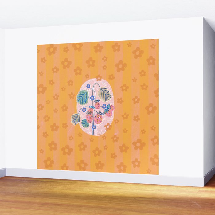 Sweet Strawberry Plant Friends in Peach & Orange Wall Mural Gallery Image 2