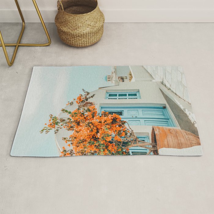 Greece Airbnb, Greece Photography Travel Digital Art, Scenic Landscape Architecture, White Building Rug Gallery Image 1