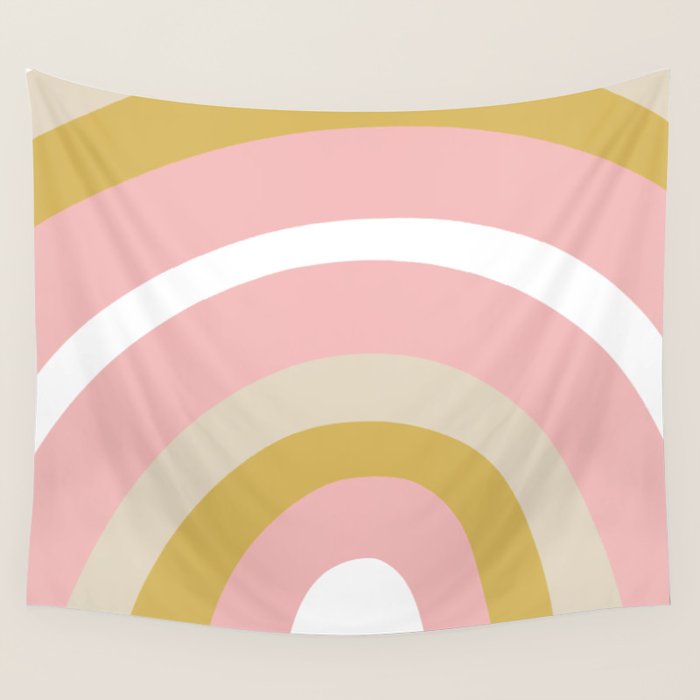 Splendid Rainbow in Golden Mustard Yellow, Pink, Taupe, and White Wall Tapestry Gallery Image 4