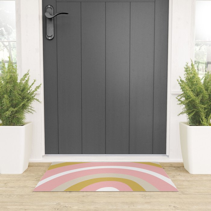 Splendid Rainbow in Golden Mustard Yellow, Pink, Taupe, and White Welcome Mat Gallery Image 3