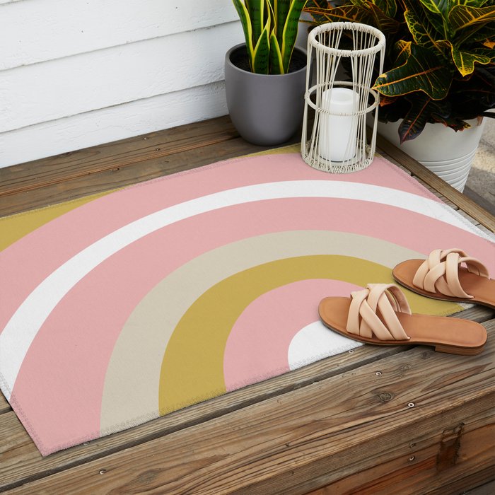 Splendid Rainbow in Golden Mustard Yellow, Pink, Taupe, and White Outdoor Rug Gallery Image 2