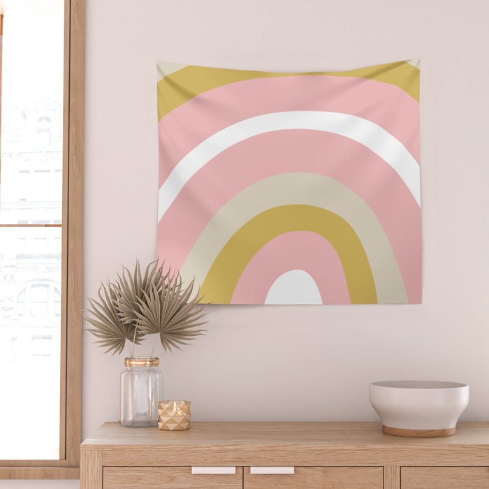Splendid Rainbow in Golden Mustard Yellow, Pink, Taupe, and White Wall Tapestry Gallery Image 2