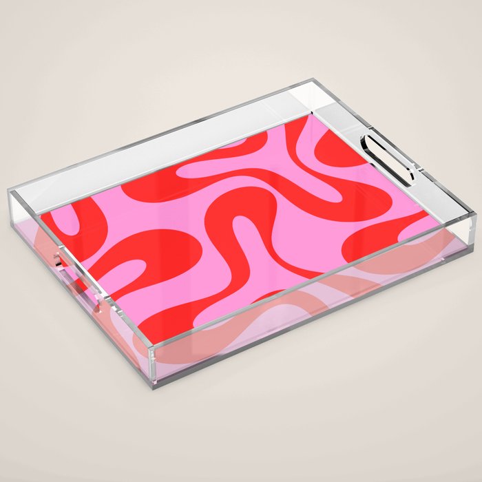 Retro Modern Soft Curves Abstract Pattern in Preppy Pink and Red Acrylic Tray Gallery Image 1