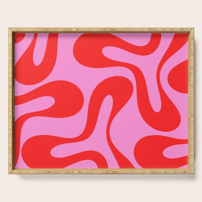 Retro Modern Soft Curves Abstract Pattern in Preppy Pink and Red Serving Tray Gallery Image 1