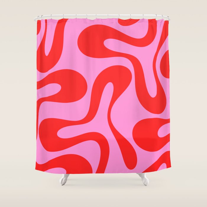 Retro Modern Soft Curves Abstract Pattern in Preppy Pink and Red Shower Curtain Gallery Image 1